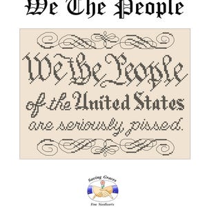 以下が含まれることがあります： ベージュの背景に黒い糸で「We the People of the United States are seriously pissed.」というフレーズが書かれたクロスステッチパターン。パターンは装飾的なボーダーで囲まれています。