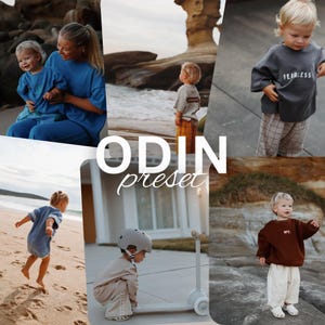 Könnte beinhalten: Eine Collage von Bildern mit Kinderkleidung. Die Bilder zeigen Kinder in verschiedenen Outfits, darunter ein blauer Trainingsanzug, ein graues Shirt mit dem Text "FEARLESS" und ein braunes Sweatshirt. Der Text "ODIN preset" ist auf die Bilder gelegt.