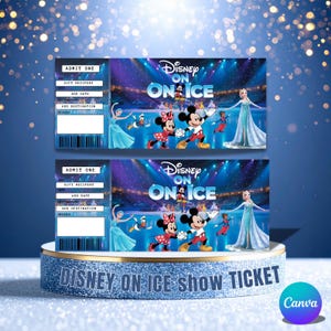 May include: Two "Disney On Ice" show tickets. Each ticket features Disney characters Mickey and Minnie Mouse, Elsa, and a figure skater. The tickets have a blue and white colour scheme with the text "Disney On Ice" and "Admit One".