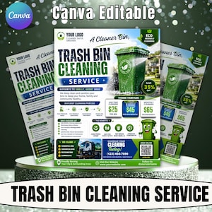 May include: A promotional flyer for a trash bin cleaning service featuring a green waste container being sprayed with water. The text includes Trash Bin Cleaning Service, pricing options, a QR code, and contact information on a white background.