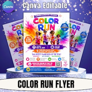 Könnte beinhalten: Eine Flyer-Vorlage für einen Fairview Elementary Color Run am 31. Mai 2025 um 9:00 Uhr. Das Design zeigt bunte Pulverexplosionen, vier laufende Kinder, Veranstaltungsdetails, ein Preisschild von 15 $ und einen QR-Code zur Online-Anmeldung.