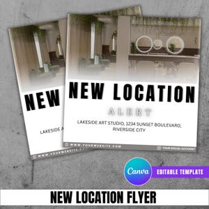 Puede incluir: Un folleto con el texto "NUEVA UBICACIÓN ALERTA" en letras negras en negrita. El folleto promociona Lakeside Art Studio, que enumera la dirección como 1234 Sunset Boulevard, Riverside City. El folleto es una plantilla editable de Canva.