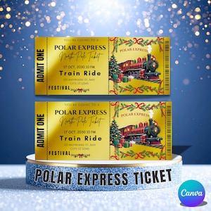 Puede incluir: Dos boletos dorados "Polar Express North Pole Ticket" con una ilustración de tren, un árbol de Navidad y texto. Los boletos dicen "ADMIT ONE" e incluyen la fecha "17 OCT, 2030 22:00". Los boletos están sobre un soporte azul y dorado.