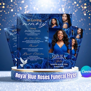 Op de afbeelding: Een koningsblauwe rouwfolder met een bloemenrozenontwerp. De flyer bevat evenementdetails, foto's en de tekst "In Loving Memory". De flyer is versierd met een witte duif en de tekst "Royal Blue Roses Funeral Flyer".