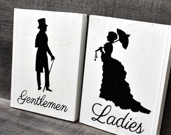 Victorian Ladies and Gentlemen Restroom Signs | Unique Bathroom Sign Pair | Reclaimed Wood