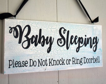 Baby Sleeping Do Not Knock or Ring Doorbell and Welcome Reversible Wooden Sign