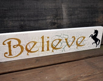 Believe Rainbow Unicorn Sign | Magical Bedroom Decor | Fantasy Plaque