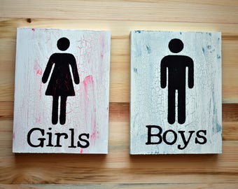 Girls and Boys Restroom Signs | Bathroom Facility Signage | Men and Women | Reclaimed Wood