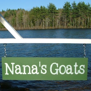 Puede incluir: Un letrero de madera verde con letras blancas que dice "Nana's Goats" colgado de una viga de madera blanca sobre una masa de agua.