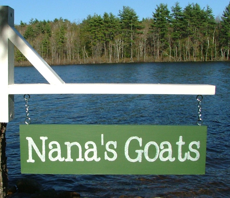 Puede incluir: Un letrero de madera verde con letras blancas que dice "Nana's Goats" colgado de una viga de madera blanca sobre una masa de agua.