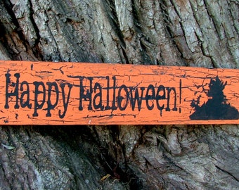 Happy Halloween Sign with Haunted Mansion | Pumpkin Orange with Black Crackle Effect | Reclaimed Wood Decor