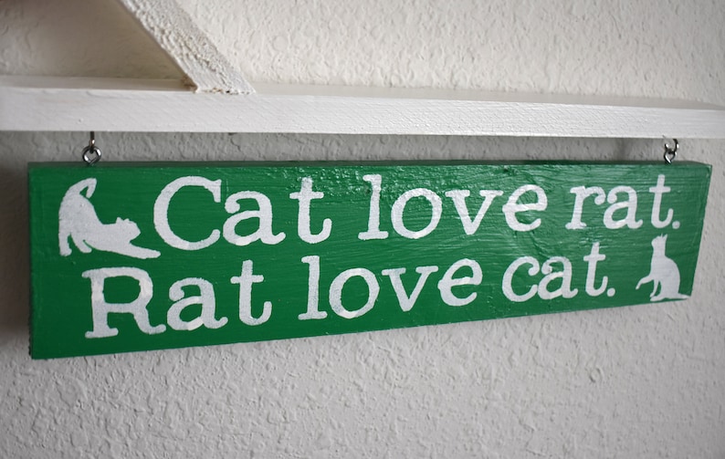 Puede incluir: Un letrero de madera verde con texto pintado en blanco y siluetas de un gato y una rata. El letrero dice "Cat love rat. Rat love cat."