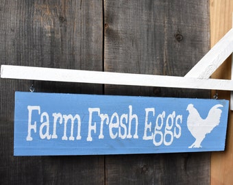 Cute Eggs Sign with Bracket for Hanging | Farm Fresh Double Sided | Lettered on Both Sides | Sky Blue & Silver Crackle