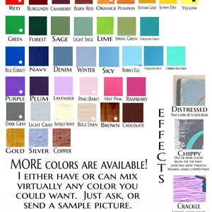 Puede incluir: Una tabla de colores de pintura con nombres para cada color. Los colores est&aacute;n dispuestos en filas y columnas. La tabla tambi&eacute;n incluye una secci&oacute;n sobre efectos de pintura, como desgastado, descascarado y craquelado.
