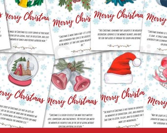 May include: A set of ten Christmas cards, each with a different festive illustration such as a wreath, bells, and a gift. The cards display the text "Merry Christmas" and a quote. The cards are designed to fit on A4 paper.