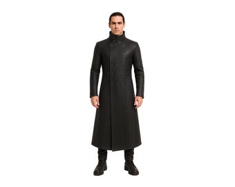 Gothic Leather Trench Coat: Men's Floor-Length Vampire Overcoat