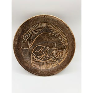 Handmade Pottery Fish Bowl Plate 9" Sgraffito Carved Stoneware Studio Art Signed