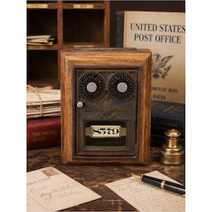 Vintage Post Office Lock Box Coin Bank Wood Brass Continental Gum Mailbox