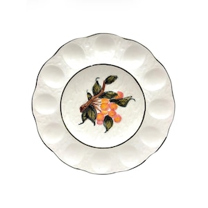 Vintage Hand Painted Ceramic Deviled Egg Platter 10" Peach Fruit & Branch Relief