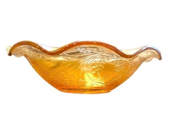 Vintage Marigold Carnival Glass Fruit Bowl 9.5” Iridescent Gold Ruffled Edge Etched Floral Pressed Glass Dish Retro Home Decor Centerpiece