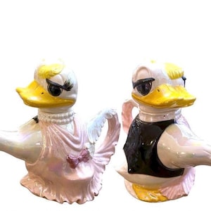 Rare Vintage Dual Sided Dancing Duck Teapot • Girl Boy Duck Waltz Teapot Ceramic Duck Couple Teapot • Pink Dress & Tux • Collectible Animal