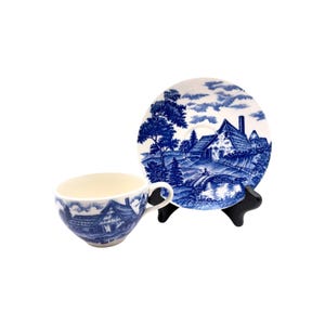Vintage Cobalt Blue White Tea Cup Saucer Transferware Cottage Bridge Scene Japan