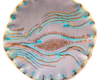 Large Studio Pottery Centerpiece Bowl Purple Turquoise Ocean Wave Bowl Handcrafted Scalloped Rim Ceramic Dish Signed 13.5 Inch Sea Shell