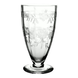 May include: Clear glass goblet with etched floral designs. The goblet has a flared shape, a round base, and a decorative band near the rim. The etched flowers and leaves add a vintage touch to this glassware.