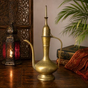 Vintage Brass Tea Pot Aftaba Pitcher Gold Genie Lamp Ornate Etched Vessel 11.75”