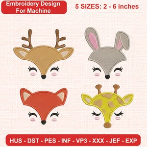 Pode incluir: Design de bordado à máquina com quatro rostos de animais: um cervo, um coelho, uma raposa e uma girafa. O texto diz: Embroidery Design For Machine, 5 SIZES: 2 - 6 inches, e HUS - DST - PES - INF - VP3 - XXX - JEF - EXP.