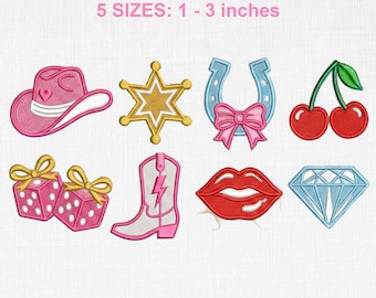 Conjunto de mini bordados de vaquera del oeste, sombrero, botas, cerezas, dados, labios, diamante, herradura, archivos femeninos