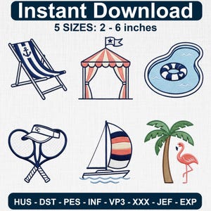 Puede incluir: Un conjunto de diseños de bordado digital con seis iconos de temática veraniega: una silla de playa a rayas azules y blancas, una cabaña, una piscina con un flotador, dos raquetas de tenis con una visera, un velero y una palmera con un flamenco.