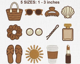 Paquete de diseños de bordado mini para estilo de vida de niñas, gafas de sol, bolso, perlas, café, perfume, lindos archivos femeninos hechos a pedido