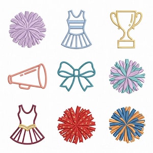 May include: A collection of nine embroidered cheerleading icons including a light purple pom-pom, a blue cheer uniform, a gold trophy, a pink megaphone, a blue hair bow, a multi-colored pom-pom, a maroon uniform, a red pom-pom, and a blue and gold pom-pom.