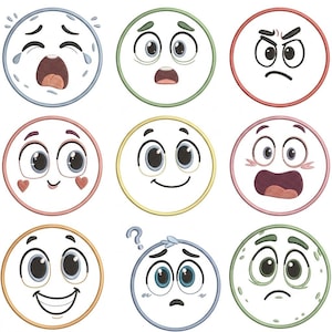 May include: A collection of nine circular embroidered patches featuring various cartoon facial expressions. Each patch has a distinct colored border and depicts a unique emotion, including crying, surprised, angry, happy, heart-eyed, shocked, and confused faces.