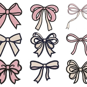 May include: A collection of nine distinct bow illustrations arranged in a grid. The bows feature various styles, including solid pink, cream, and black outlines, with some designs showcasing intricate loops and long, flowing ribbon tails.