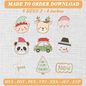 Puede incluir: Un conjunto de diseños de bordado digital con nueve iconos navideños: elfo, reno, Santa, panda, coche, muñeco de nieve, estrella con el texto year, árbol y una etiqueta con el texto New. El texto incluye MADE TO ORDER DOWNLOAD 5 SIZES 5-15 cm.