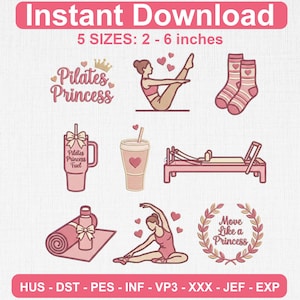 Puede incluir: Gr&aacute;fico de descarga instant&aacute;nea con dise&ntilde;os tem&aacute;ticos de Pilates. Incluye ilustraciones de una m&aacute;quina de Pilates, calcetines, una botella de agua, un vaso y una mujer haciendo Pilates. El texto incluye "Pilates Princess". Tama&ntilde;os de 5.08 a 15.24 cm.