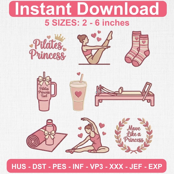 Pilates Princess Embroidery Designs, Fitness Icons, Machine Files (2-6 inches)