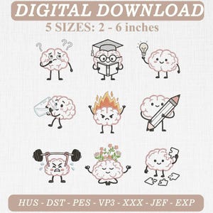 May include: A digital download embroidery design set featuring nine light pink brain characters in various poses: confused, studying, inspired, drinking water, angry with fire, holding a pencil, lifting weights, meditating, and solving a puzzle.
