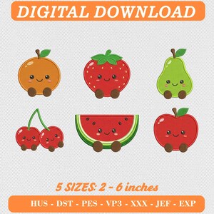 Puede incluir: Un conjunto de diseños de bordado para descarga digital con seis frutas con caras sonrientes y pies marrones: naranja, fresa, pera, dos cerezas, sandía y manzana. El texto incluye: DIGITAL DOWNLOAD, 5 SIZES: 2 - 6 inches, HUS - DST - PES - VP3 - XXX - JEF - EXP.