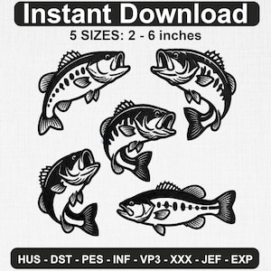 May include: Black and white digital design of five bass fish in various poses. The text "Instant Download" and "5 SIZES: 2 - 6 inches" are at the top. The bottom of the image contains file format abbreviations.