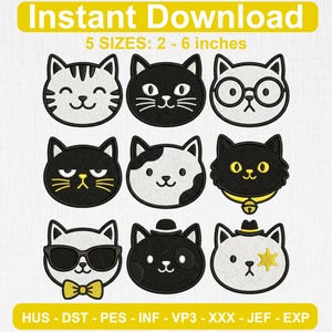 Cat Face Embroidery Design Bundle, Cute Cat Icons Set of 9, Kawaii Kitty Mini Faces Machine Embroidery Files Made To Order