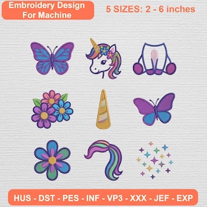 Könnte beinhalten: Stickmuster-Set für Maschinen mit einem lila Schmetterling, einem Einhornkopf mit Blumenmähne, einem Einhornkörper, drei Blumen, einem goldenen Einhornhorn, einem lila Schmetterling, einer blauen Blume, einer Mähne und Sternen. Text: Embroidery Design For Machine, 5 SIZES: 5 - 15 cm, HUS - DST - PES - INF - VP3 - XXX - JEF - EXP.