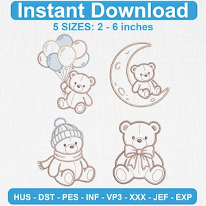 Coquette Teddy Bear Embroidery Files, Pastel Nursery Machine Designs (Digital Download)