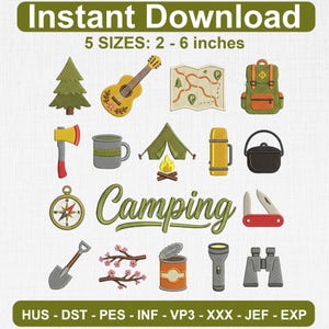 Könnte beinhalten: Ein Stickdesign-Set mit Camping-Motiven, darunter ein Zelt, ein Rucksack, ein Kompass und eine Gitarre. Die Texte "Instant Download" und "Camping" sind zu sehen. Die Designs sind in 5 Größen von 5 bis 15 cm erhältlich.