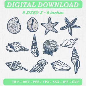 May include: A digital download embroidery design set featuring twelve distinct dark blue line art illustrations of seashells and starfish. The text reads DIGITAL DOWNLOAD, 5 SIZES: 2 - 6 inches, and HUS - DST - PES - VP3 - XXX - JEF - EXP.