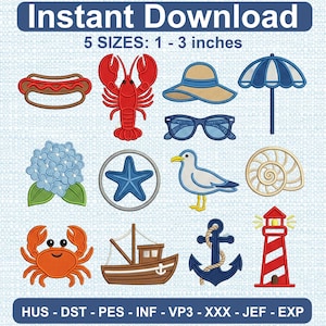 Coastal Beach Embroidery Set, Lobster Crab Lighthouse Boat Summer Designs (Digital Download)
