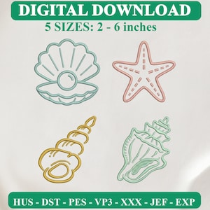 May include: Digital download embroidery design featuring four sea-themed outlines: a pearl in a shell, a starfish, a spiral shell, and a conch shell. Text reads: DIGITAL DOWNLOAD, 5 SIZES: 2 - 6 inches, HUS - DST - PES - VP3 - XXX - JEF - EXP.