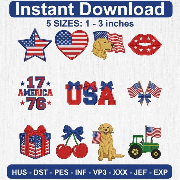 4th of July Coquette Mini Embroidery Design Set, USA Flag Bow Dog Tractor Files